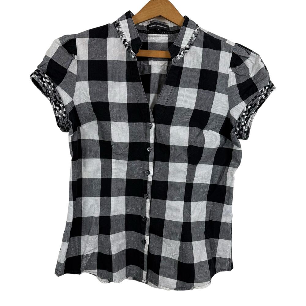 Express Design Studio Women Button Up Top Medium Plaid Metallic Braided Retro